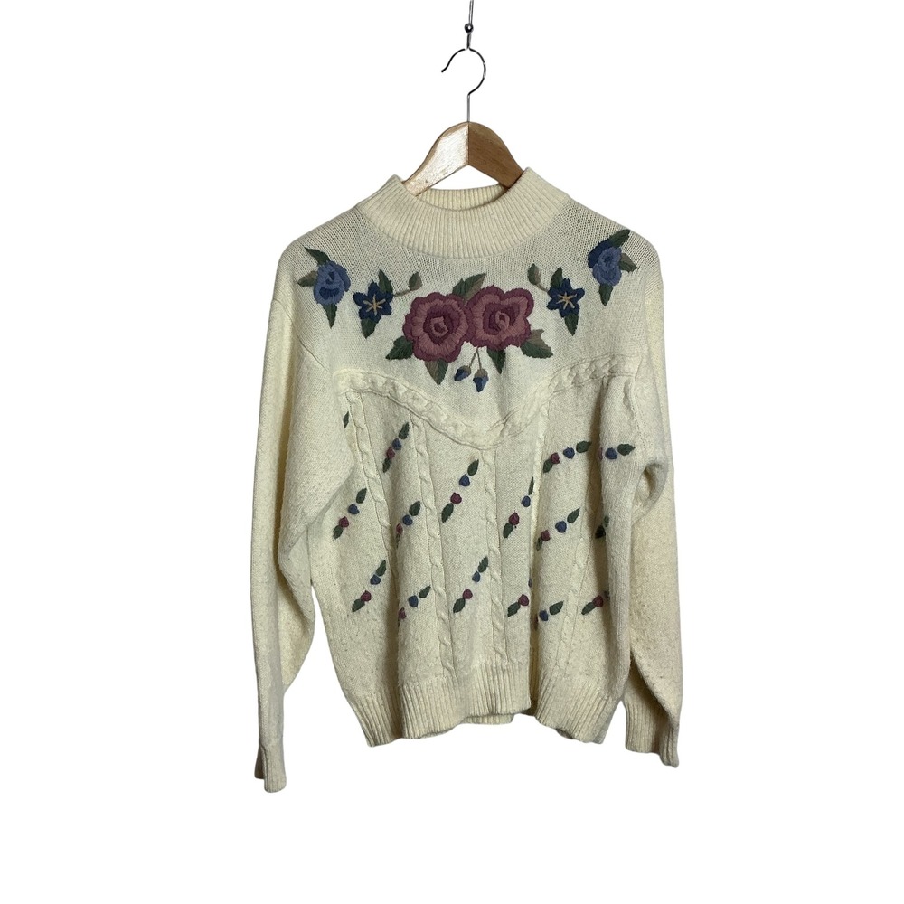 Vintage Alfred Dunner Large Floral 3D Embroidered Sweater Grannycore Cottagecore